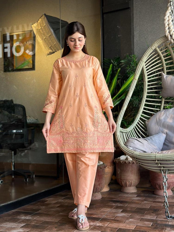 2 Pcs Women’s Stitched Soft Cotton Embroidered Shirt And Trouser