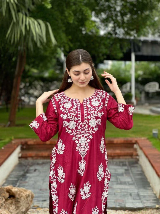 2 Pcs Women's Stitched Linen Embroidered Shirt And Trouser