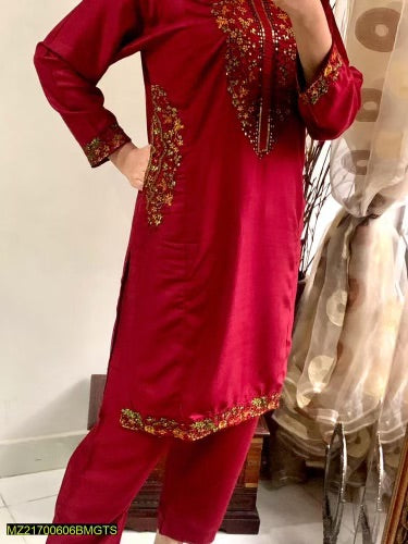 2 Pcs Women's Stitched Linen Embroidered Suit