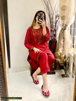 2 Pcs Women's Stitched Linen Embroidered Suit