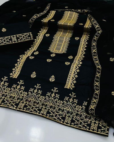 3 Pcs Women's Unstitched Cotton Embroidered Suit