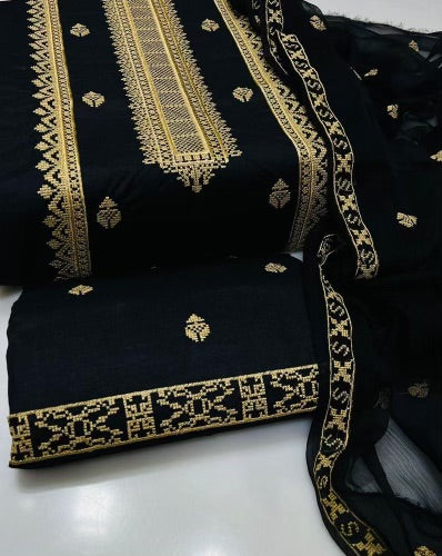 3 Pcs Women's Unstitched Cotton Embroidered Suit