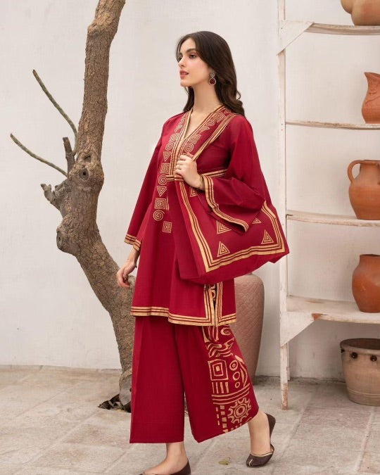 Chic Embroidered Women's Stitched Co-Ord Set In Red Linen