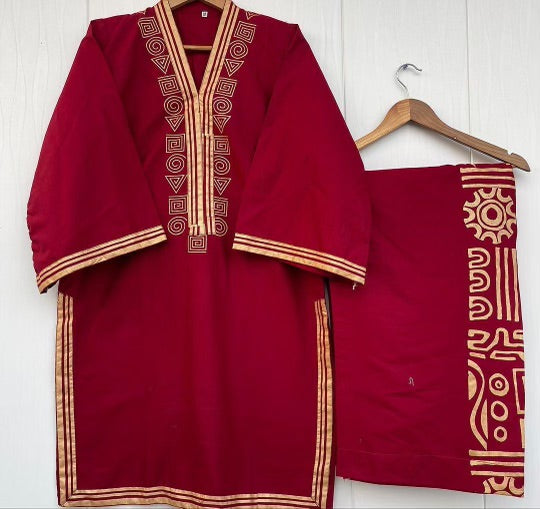 Chic Embroidered Women's Stitched Co-Ord Set In Red Linen