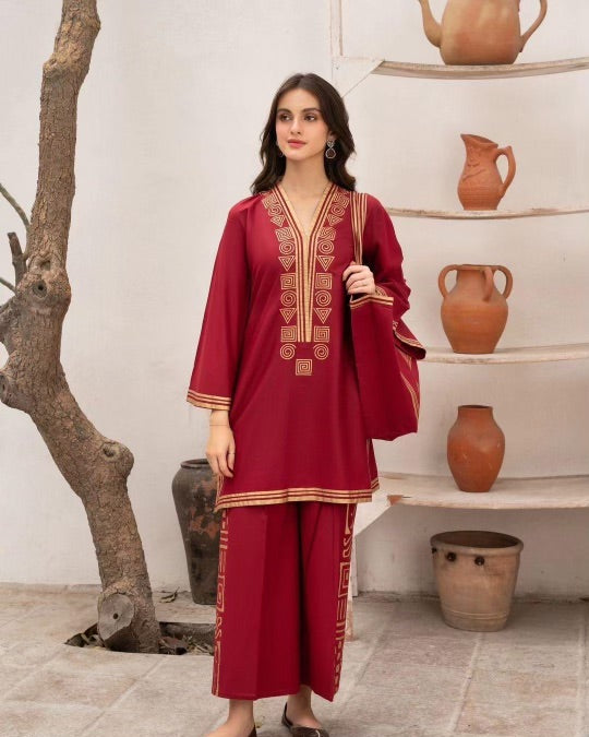 Chic Embroidered Women's Stitched Co-Ord Set In Red Linen