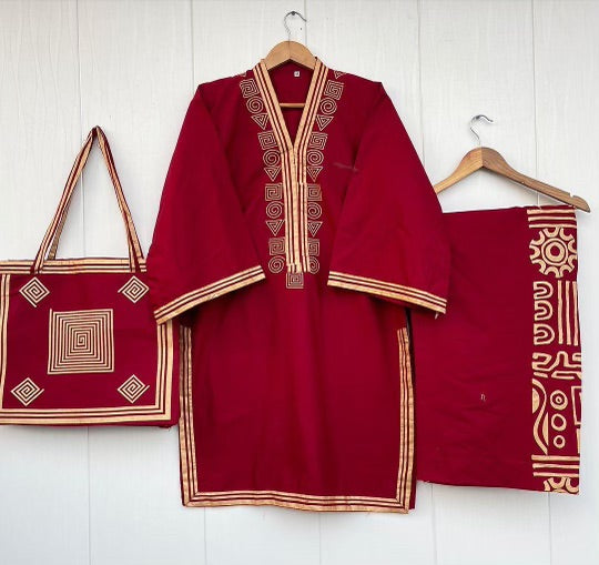 Chic Embroidered Women's Stitched Co-Ord Set In Red Linen